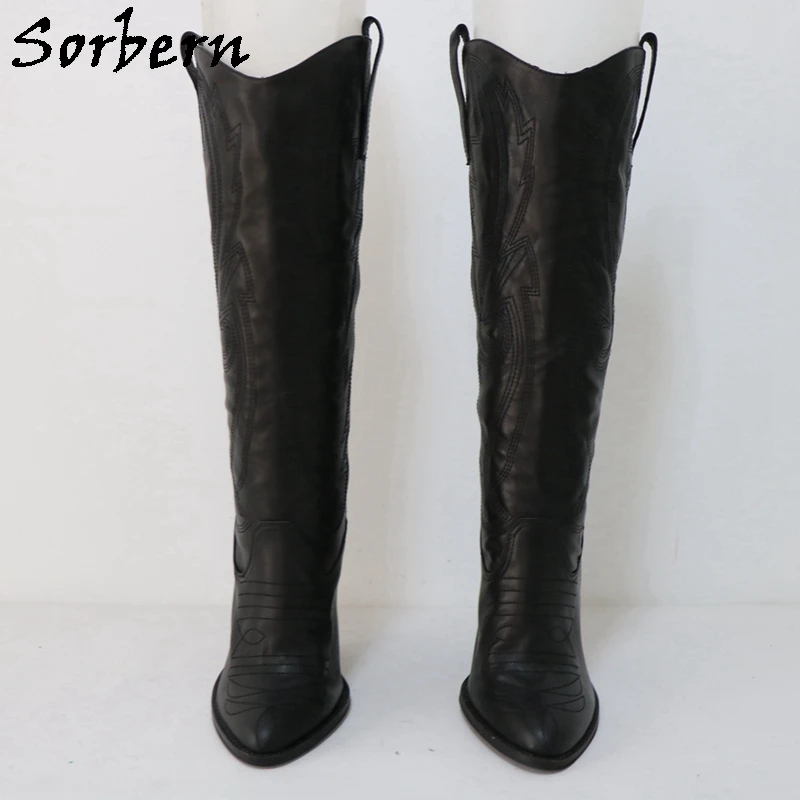 Sorbern Genuine Leather Cowboy Boots Women Wide Calf Slip On Block High Heel 14Cm Size Us11 Pointed Toe Embroider Chunky Heeled