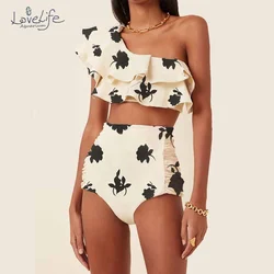 Printed One-Shoulder Ruffle Split Triangle Micro Bikinis Sexy Low Waist Swimsuit Two Pieces Plus Size Tankini Monokini Sexy