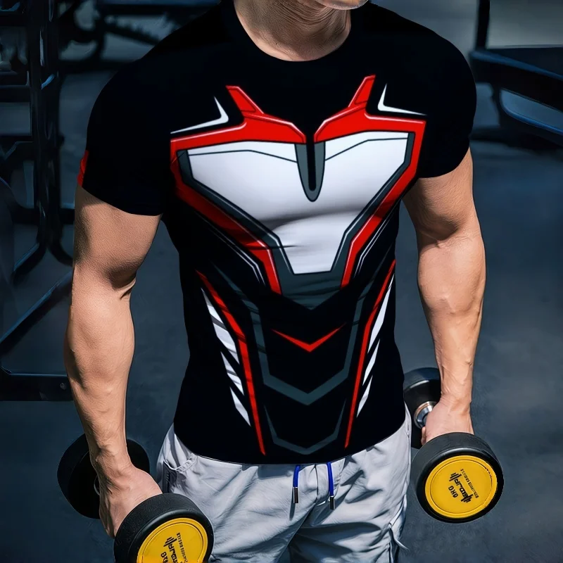 Herren Rot Weiß Schwarz Armor Line Print Kompressions-T-Shirt Schnelltrocknend Kurzarm Fitness Muskel-Fit Superhelden Sportliches Fitness-Shirt