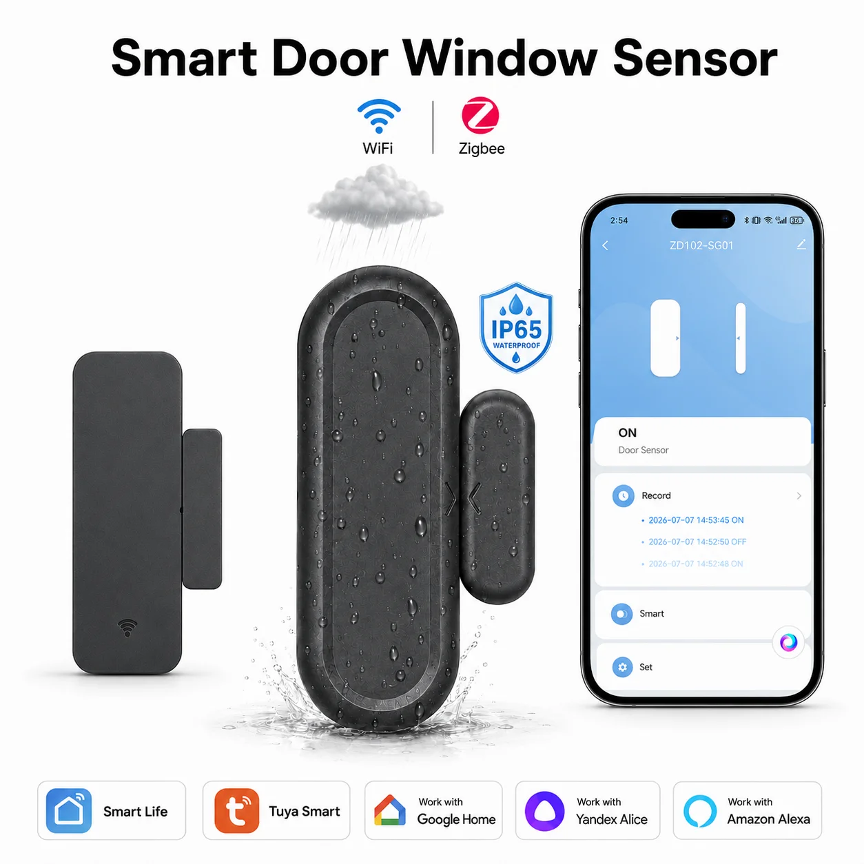Sensor de Porta e Janela Tuya Zigbee Wifi, Sensor Magnético de Segurança Antifurto, Alarme Inteligente Compatível com Alexa e Google Home