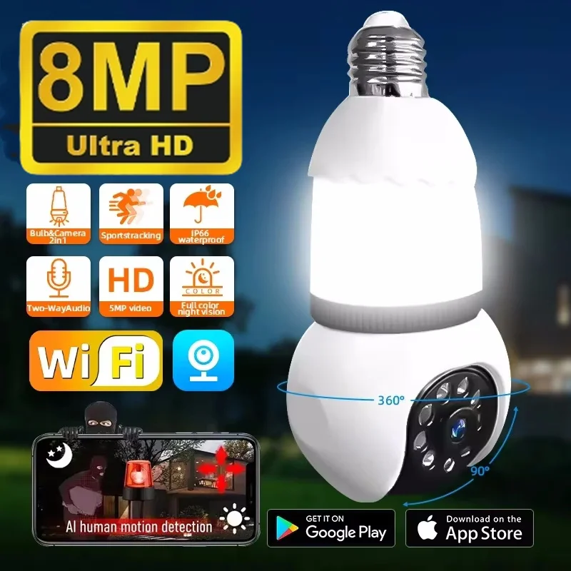 8MP E27 Lampadina Telecamera interna Lampadina LED e telecamera 2in1 WiFi Audio bidirezionale Sorveglianza di sicurezza CCTV Sicurezza Telecamera PTZ Smart Tracking