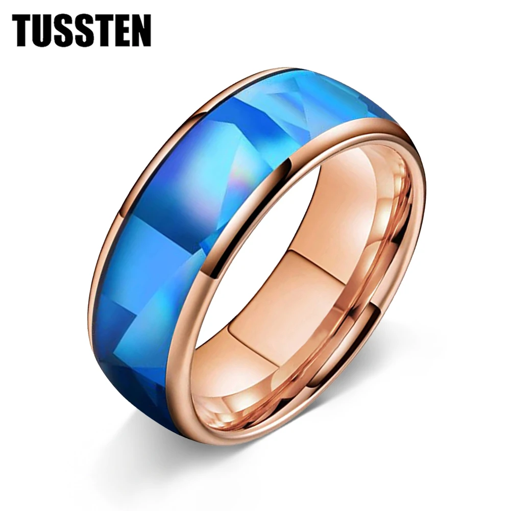 

TUSSTEN Men's and Women's 4/6/8mm Tungsten Carbide Wedding Ring Blue Opal Sticker Inlay Engagement Band Domed Polished Shiny