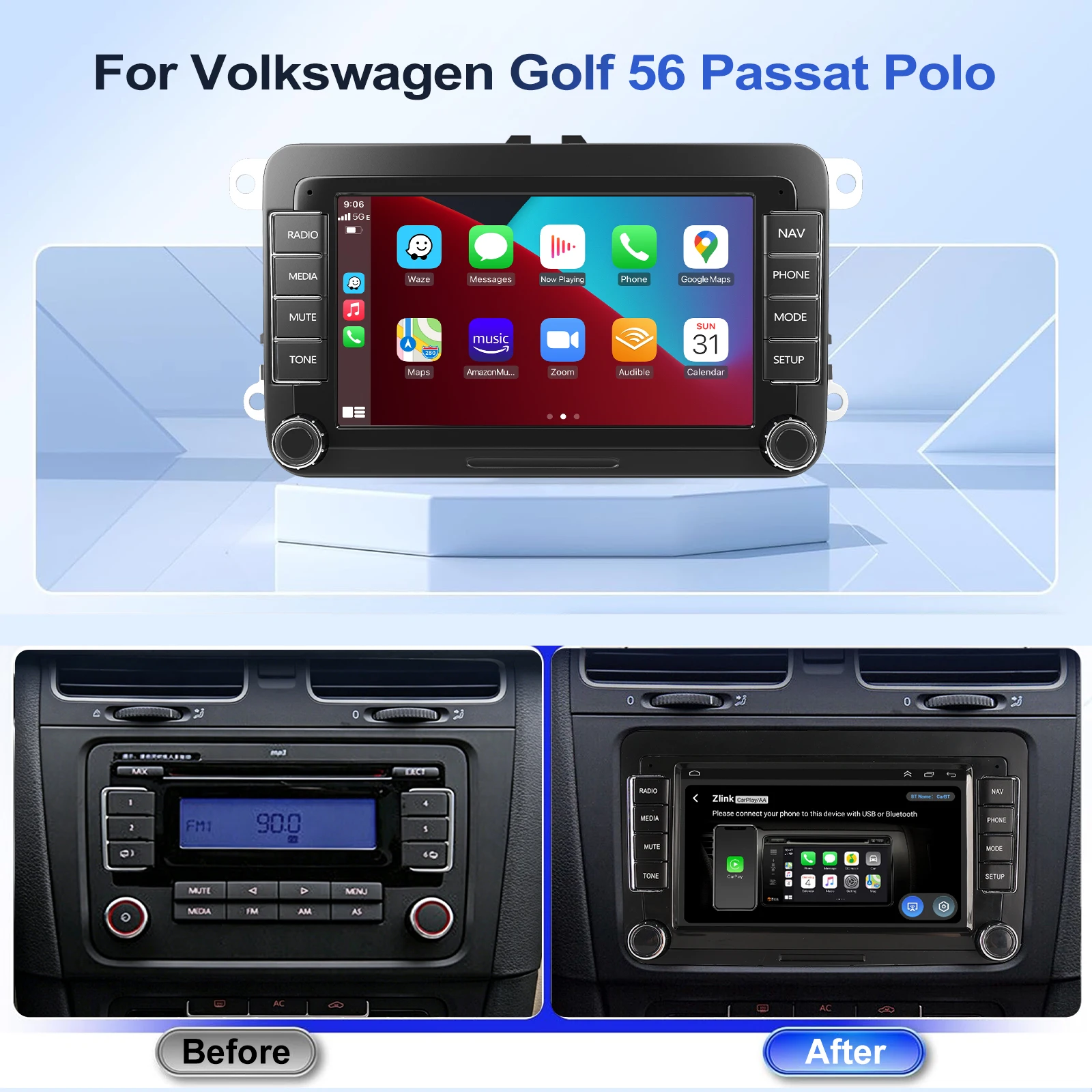 ESSGOO 7" Android 15 64G Wireless Carplay Android Auto für VW Touran Polo Caddy EOS Tiguan 6R Passat Jetta Golf Rabbit T5 Sharan Autoradio GPS-Navigation FM BT WiFi RDS SWC Mirror Link AI Voice Multimedia-Video-Player IPS Touchscreen – Detail 8
