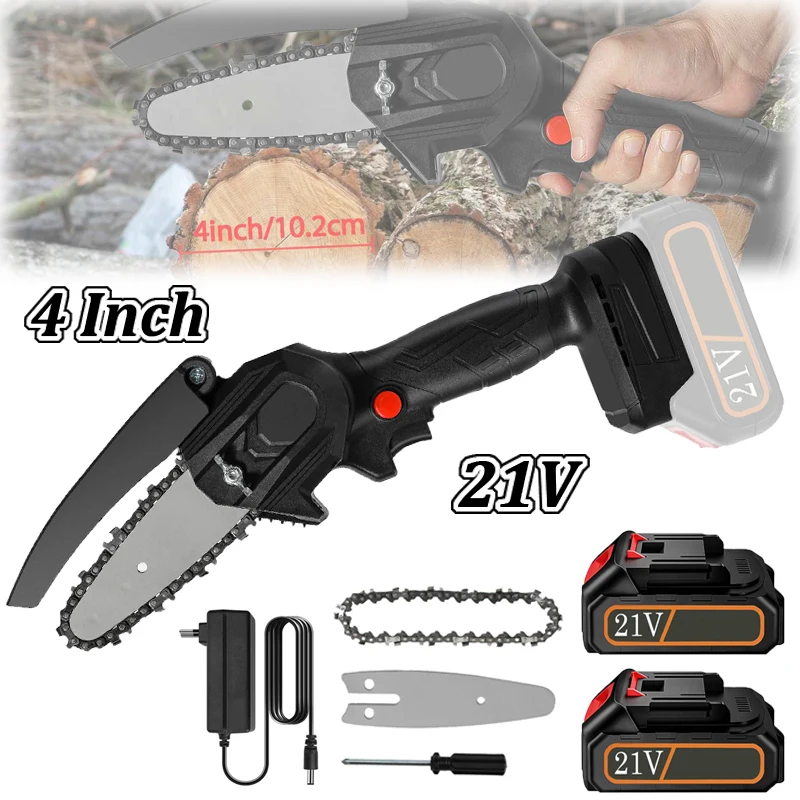 4 Inch Mini Cordless Electric Chainsaw fuel Electric Saw Garden Woodworking baking Power Tool With 2PCS 21V Lithium Battery