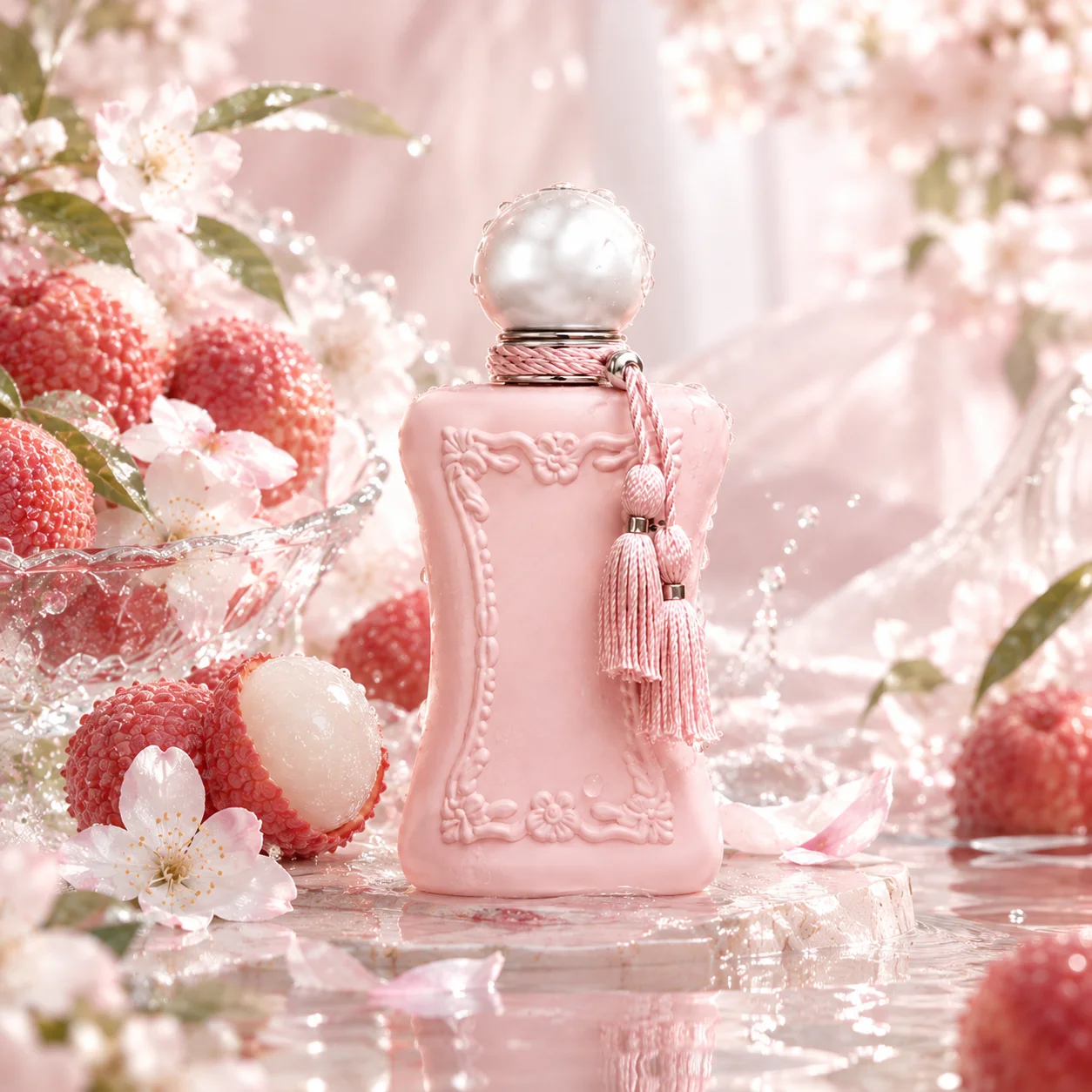 Fresh Fruity Floral Eau de Parfum, Delina La Rosée Spray with Lychee, Rose, Peony, Vanilla and Cedar, Pink Tassel Bottle, 75 ml / 2.5 fl. oz