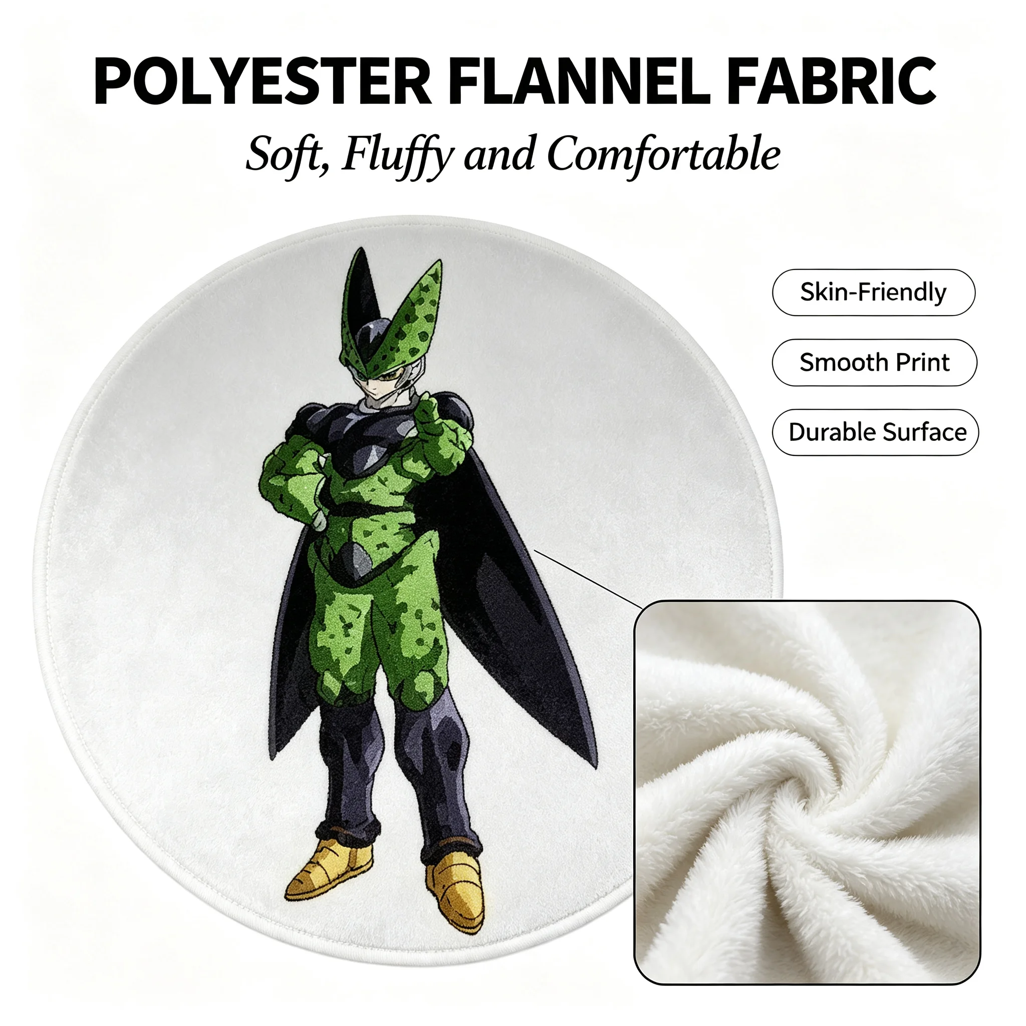 Dragon Ball Cell Anime Round Floor Mat Soft Polyester Flannel Non‑Slip Carpet 80×80cm Anti‑Slip Round Rug for Bedroom Living Room Gaming Room Home Decor Anime Fan Collectible Gift
