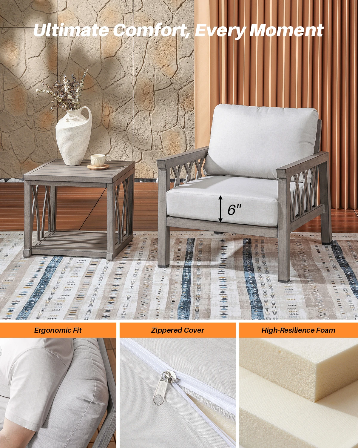 ชุดเฟอร์นิเจอร์ลานบ้าน SeeHill 5 ชิ้น, โซฟาอลูมิเนียมแบบประกอบส่วนพร้อมเบาะหนานุ่มสำหรับระเบียง ดาดฟ้า สระว่ายน้ำ