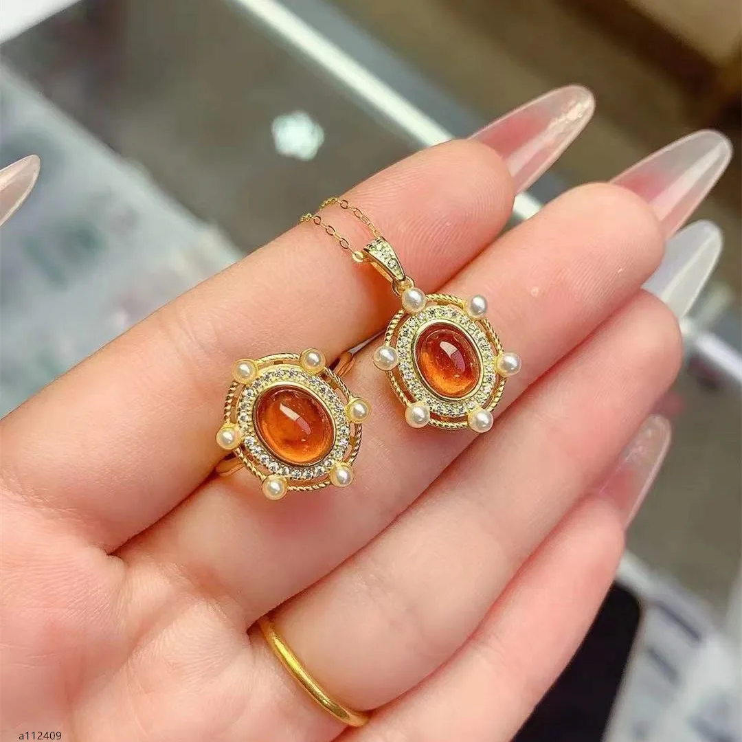 

KJJEAXCMY Boutique Jewelry Women's Natural Fanta Garnet Pendant Necklace Ring Set 925 Pure Silver Wedding Birthday Party New