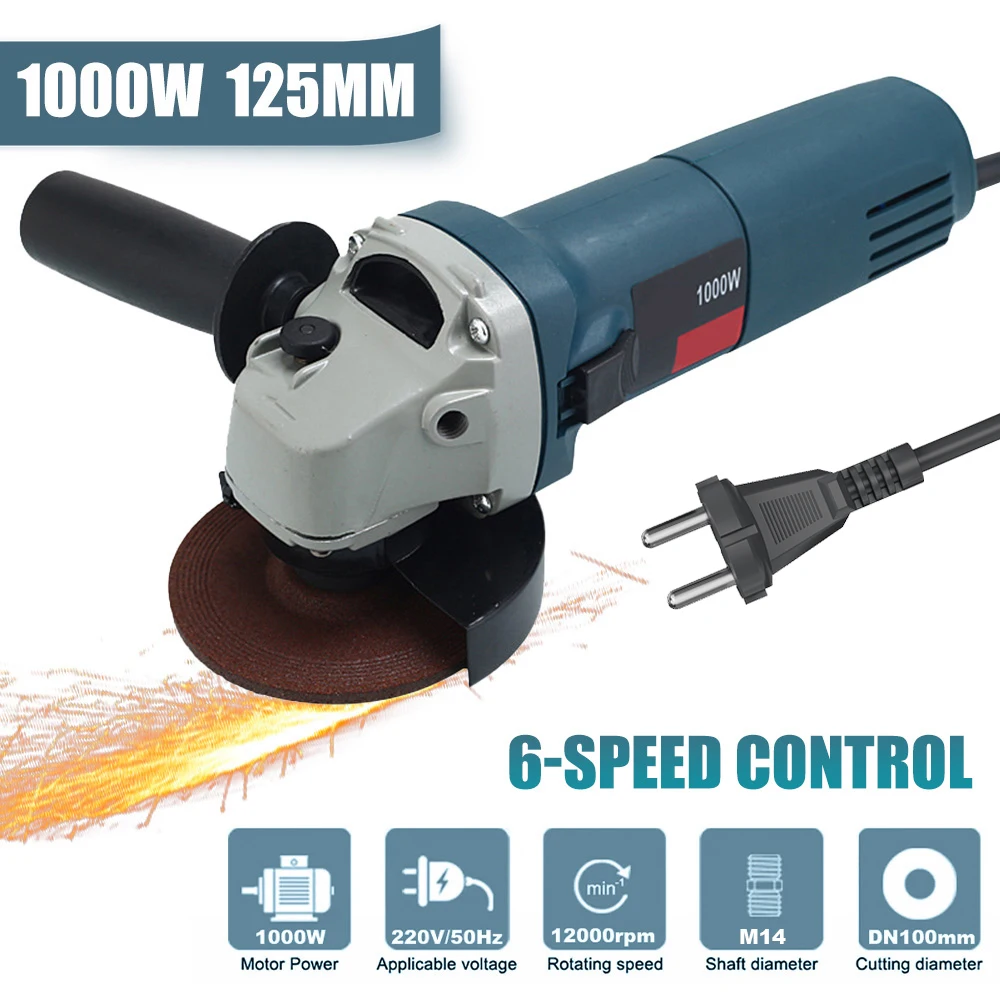Amoladora Angular Eléctrica de 1000W y 125mm, 6 Velocidades, Herramienta Eléctrica para Pulir y Trabajar la Madera