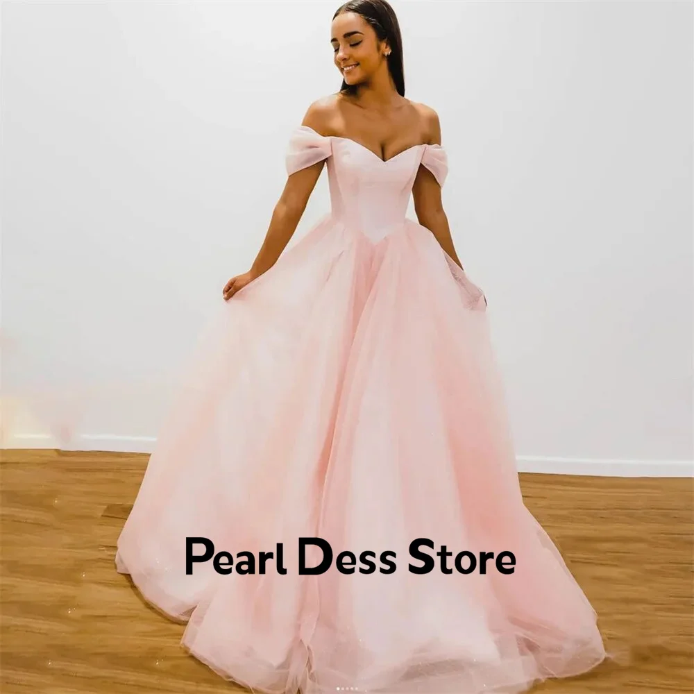 

Off Shoulder Mesh Long Ball Dress Retro Evening Dress A-line Celebrity Dress Lily Pink