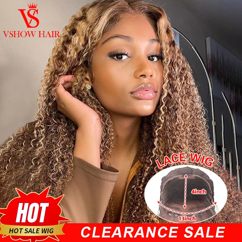 

VSHOW Kinky Curly P4/27 Highlight Colored Brazilian Wigs 13X4 Cheap Lace Frontal Human Hair Wigs For Black Women 180 Density