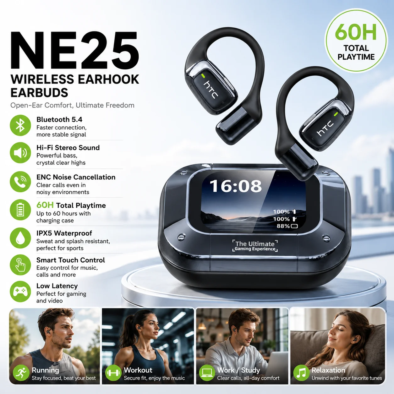 NE25 TWS Kabellose Ohrhörer Bluetooth 5.3 ENC Geräuschunterdrückung IPX5 Wasserdicht Niedrige Latenz Gaming-Kopfhörer HiFi-Stereo Touch-Steuerung Lange Akkulaufzeit Mit Mikrofon