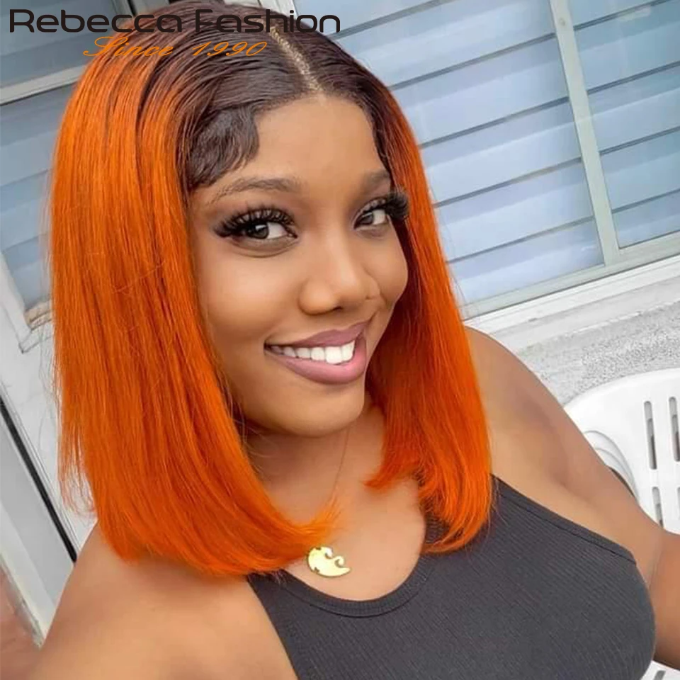 

180D Dark Root Ginger Ombre Bob Lace Wigs Straight Human Hair Wigs Pre Pluked Brazilian Straight Transparent Lace Front Wigs