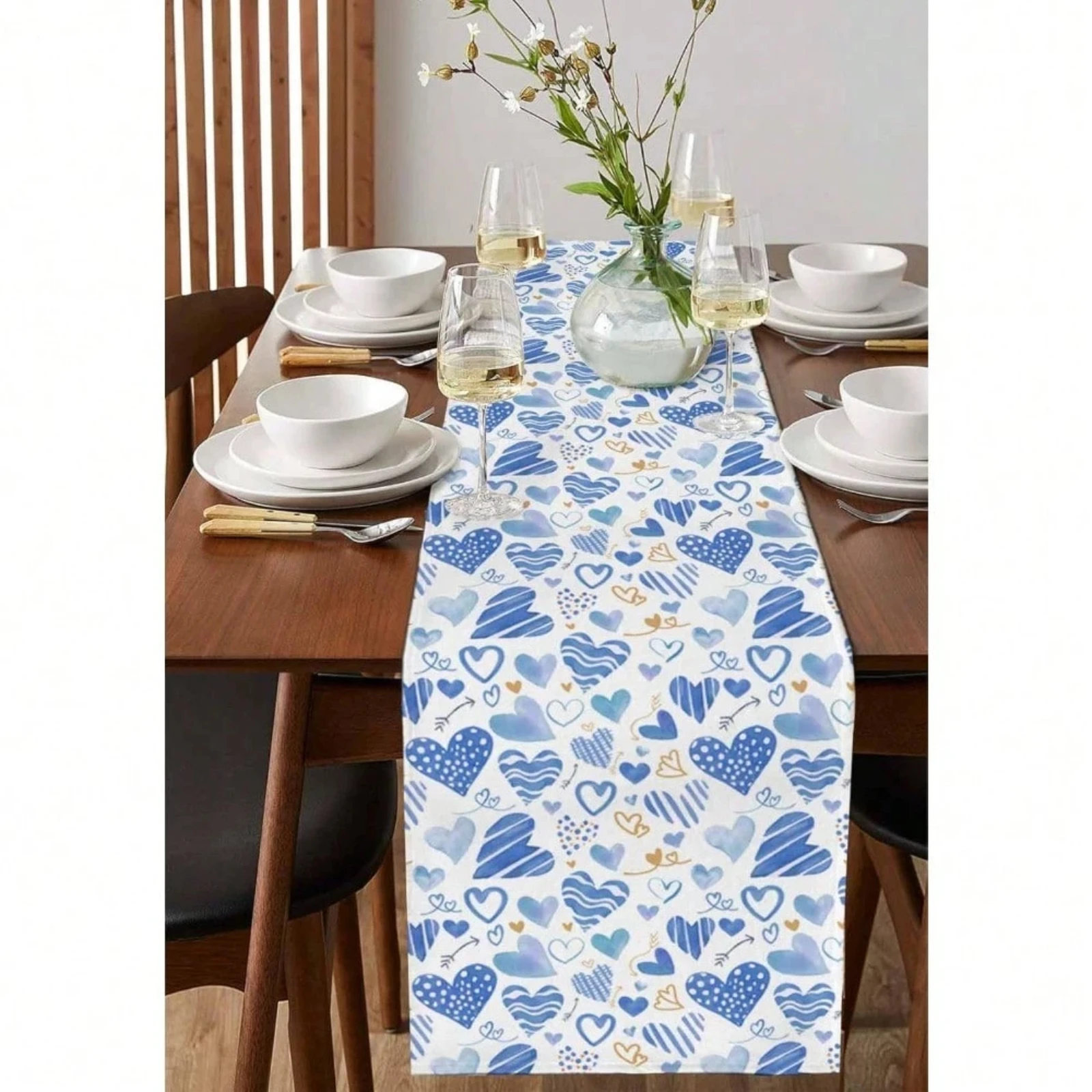 Valentine'S Day Table Runner Romantic With Blue Heart Watercolor Style Design Indoor & Outdoor Dining Home & Restaurant Decor