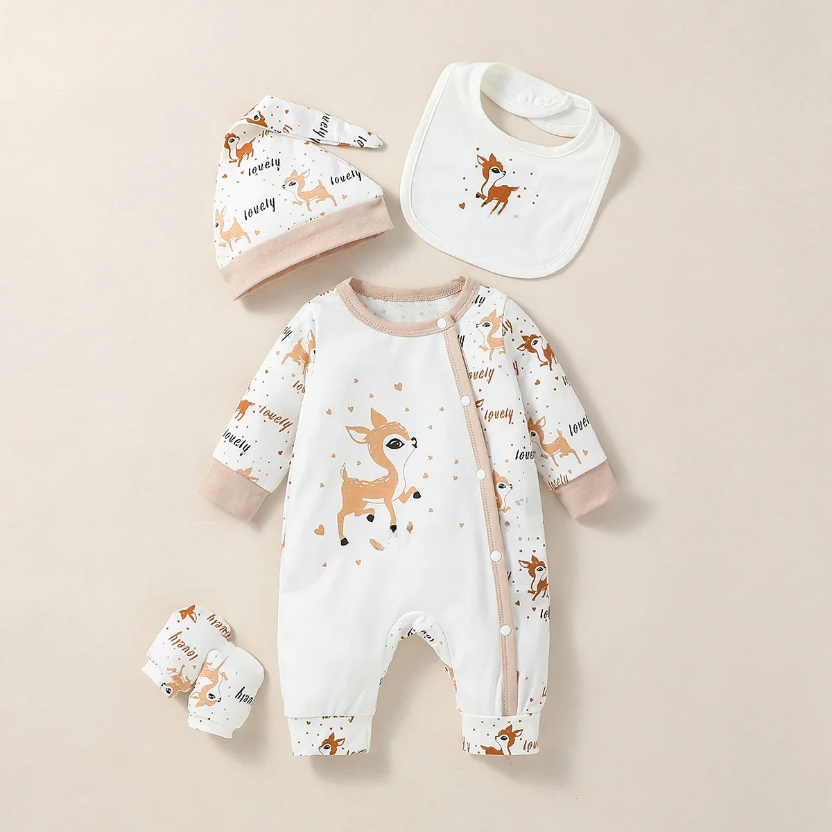 4 pièces bébé unisexe à manches longues col rond imprimé Animal avec bouton combinaison décontractée + bavoir + chapeau + gants