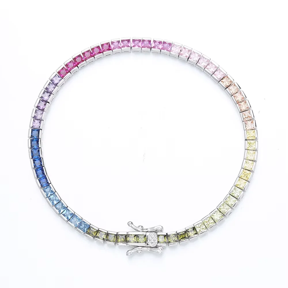 Pure Silver 17.5 CM Tennis Bracelet 4 mm Wide Square Chain With Full 2.5*2.5mm Bling Rainbow Zircon Real 925 Jewelry For Women image 3