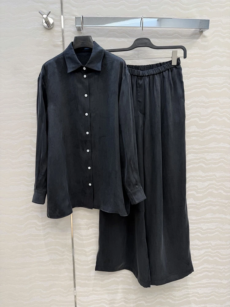 

Осенне-зимний новый стиль: комплект из свободной рубашки и брюк с прямыми штанинами, регулируемой талией на шнуровке, черный, для женщин