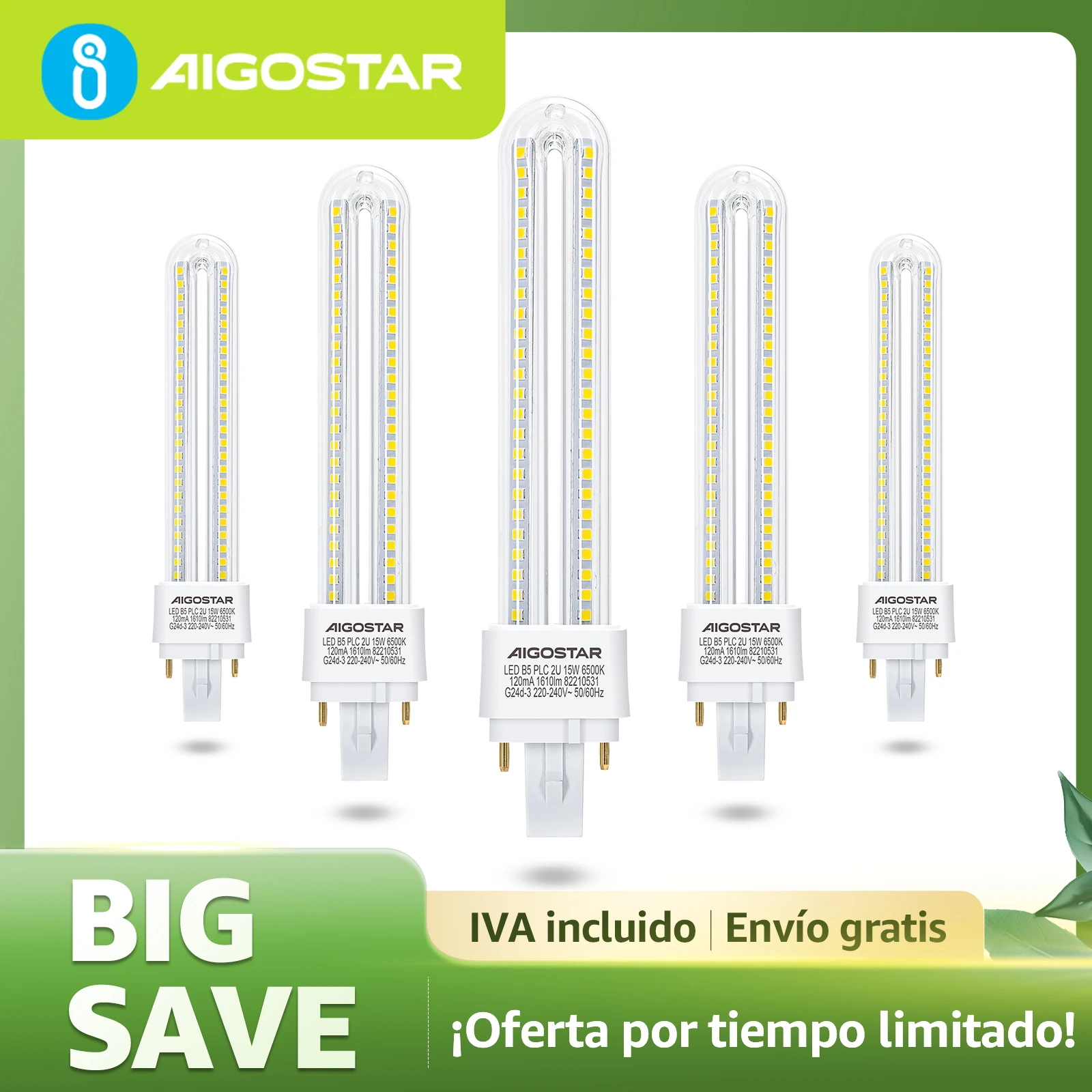 Aigostar - 2 Pines Bombilla PLC 2U,  Maiz G24d-3,  No regulable, Pack de 5 Bombillas LED