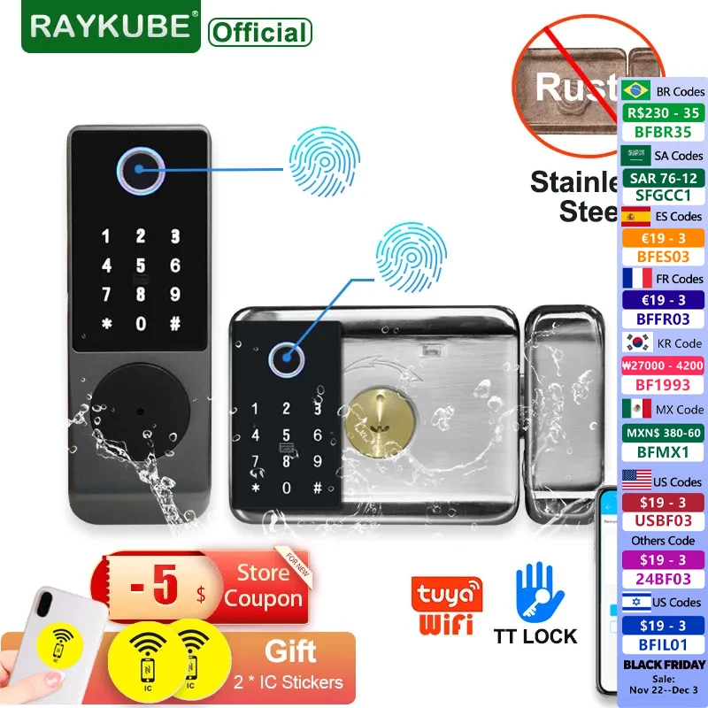 RAYKUBE W7 Stainless steel Double Fingerprint Lock Outdoor Gate Waterproof TT Lock/ Tuya Smart Door Lock Digital Electronic Lock