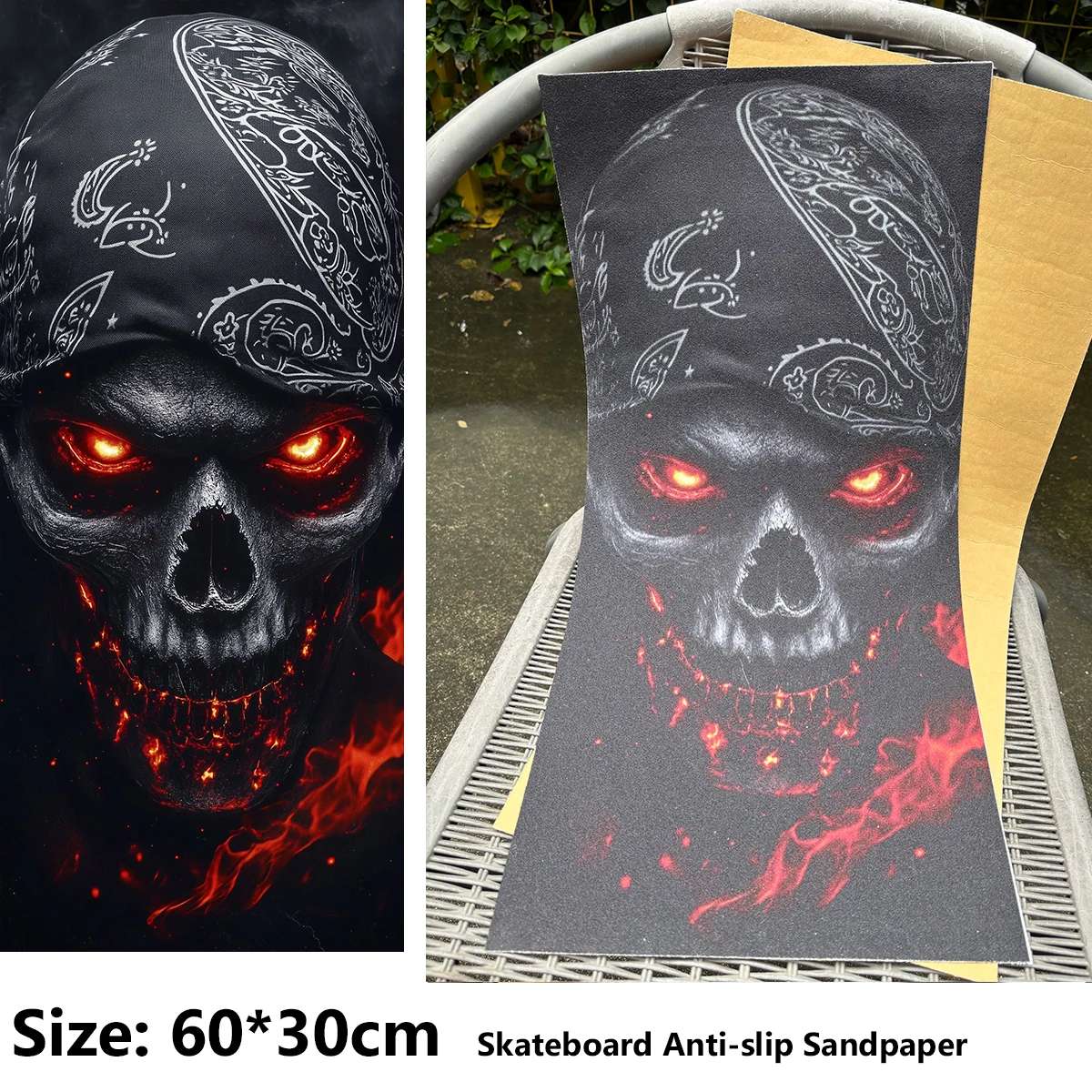 Pirate Terror Flames Pattern Electric Scooter Anti-slip Sticker Sandpaper Skateboard Grip Tape Sheet 60*30cm