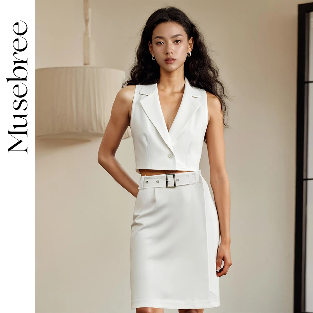 

Musebree Women's Notched Tank Top Skirt Ladies Girls Sleeveless Office Lady Vest Short Dresses Spring Summer Women Clothing