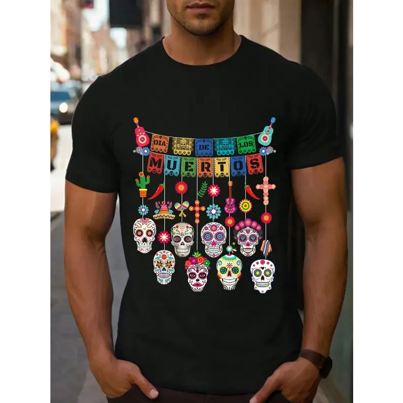 تي شيرت 100% قطن للجنسين Dia De Los Muertos مضحك يوم الموتى جمجمة معلقة