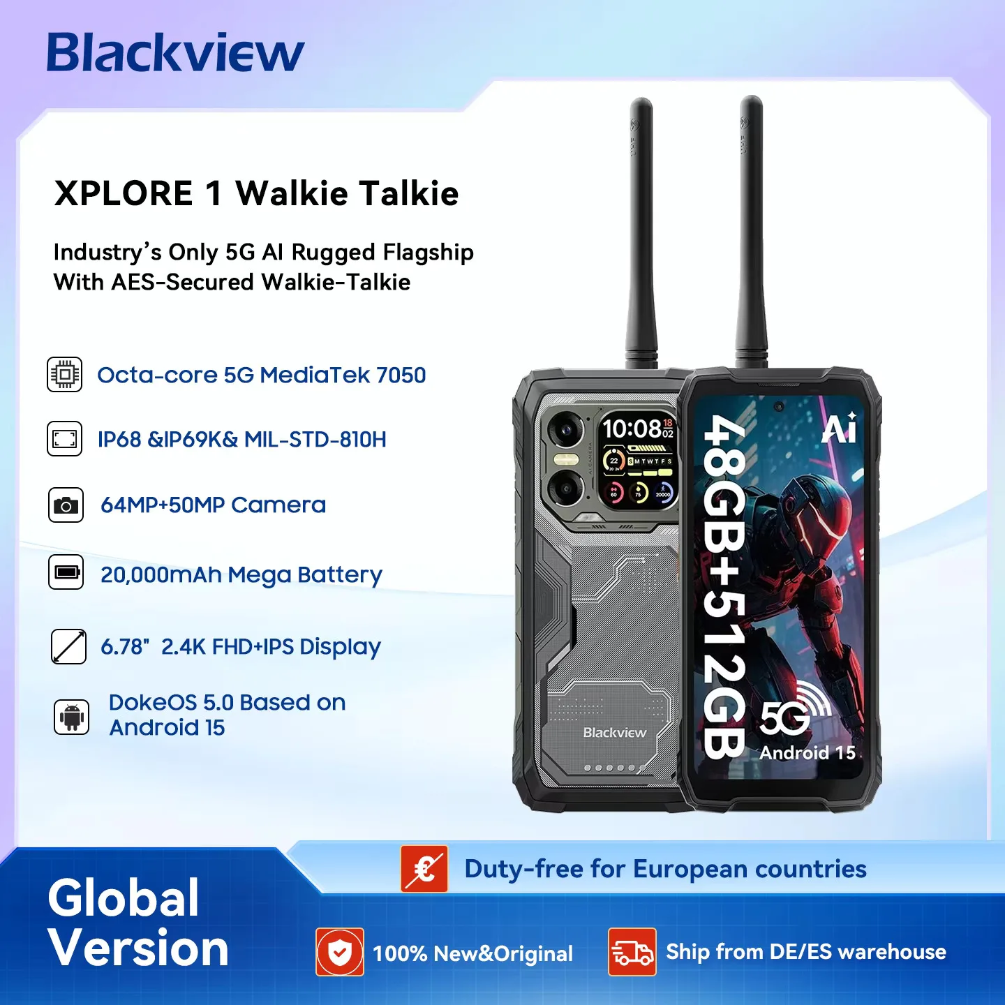 Blackview XPLORE 1 Walkie Talkie, Walkie-talkie Teléfono móvil resistente 6,78 "120 Hz Pantalla principal y secundaria de 2,01" Batería de 20000 mAh