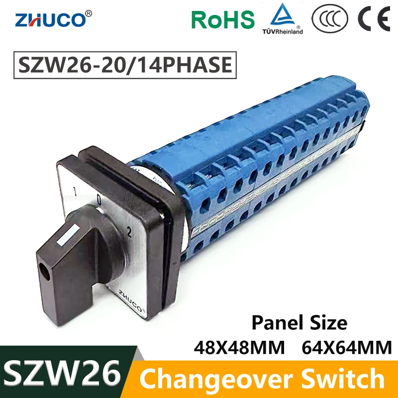 ZHUCO SZW26/LW26-20 48X48 mm Panel ON-OFF-ON 3 Position 14 Poles 56 Terminals 20A Transfer Cam Universal Selector Rotary Switch