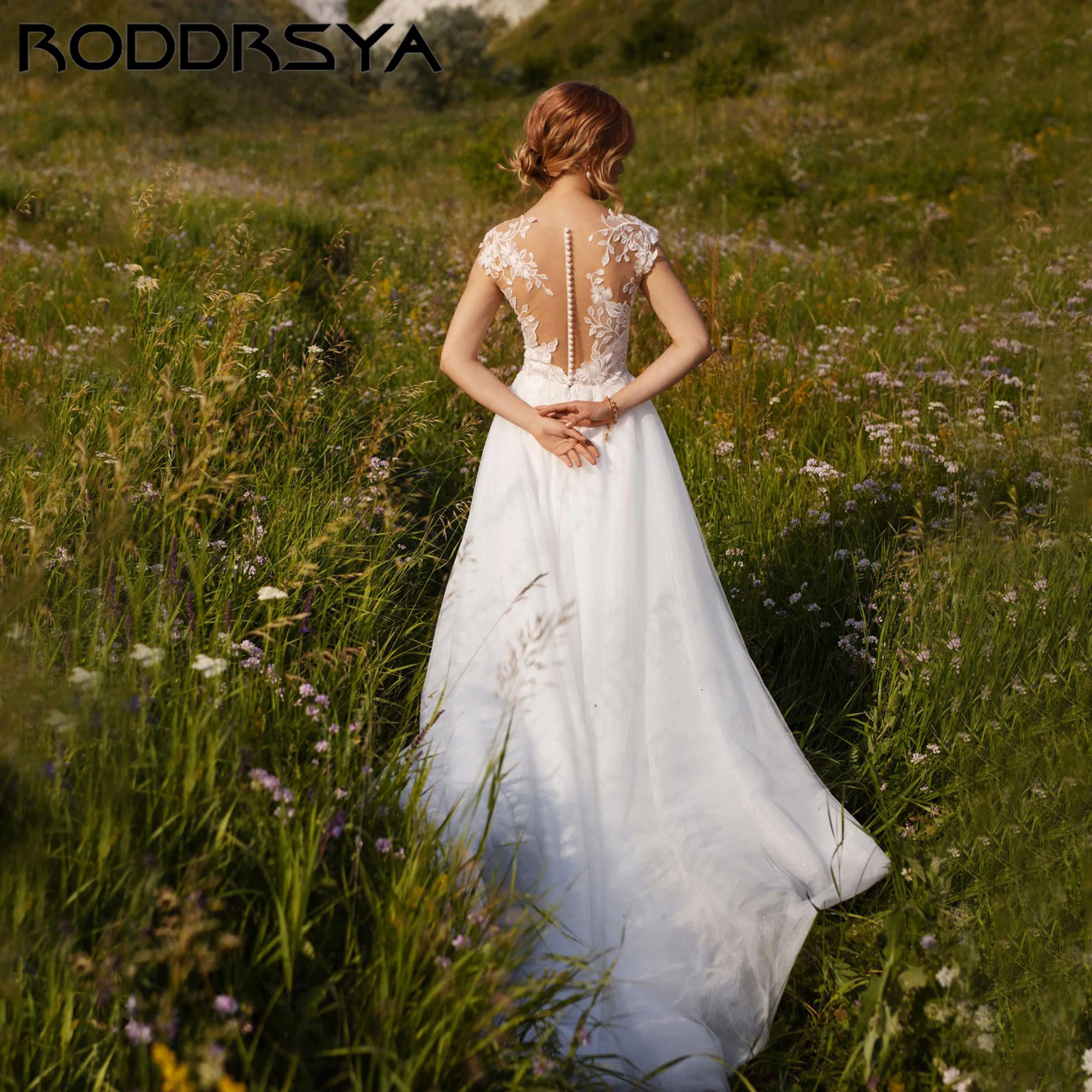 RODDRSYA O-Neck Lace Appliques Wedding Dress Cap Sleeve Bride Dresses For Women Court Train Tulle A-Line Bridal Gown Customized