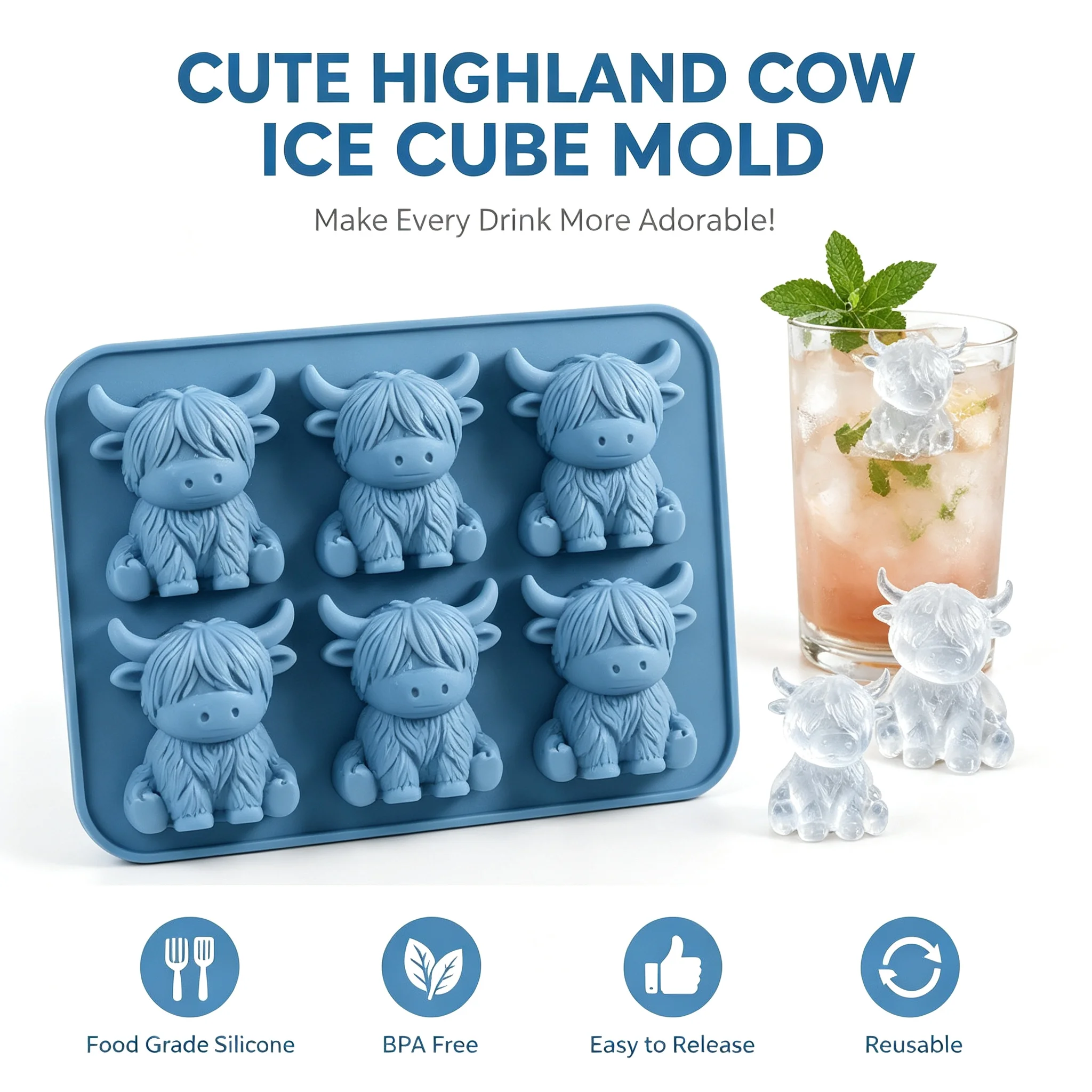 3D Highland Cow Ice Cube Mold Food Grade Silicone BPA Free Easy Release Ice Tray For Whiskey Cocktails Summer Bar Drinks Chocolate Making Kitchen Gadget