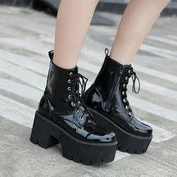 Gdgydh Women's Side Zipper Platform Boots Comfy Round Toe Lace Up Shoes Fashion Solid Color Comabt Boots Chunky Heels