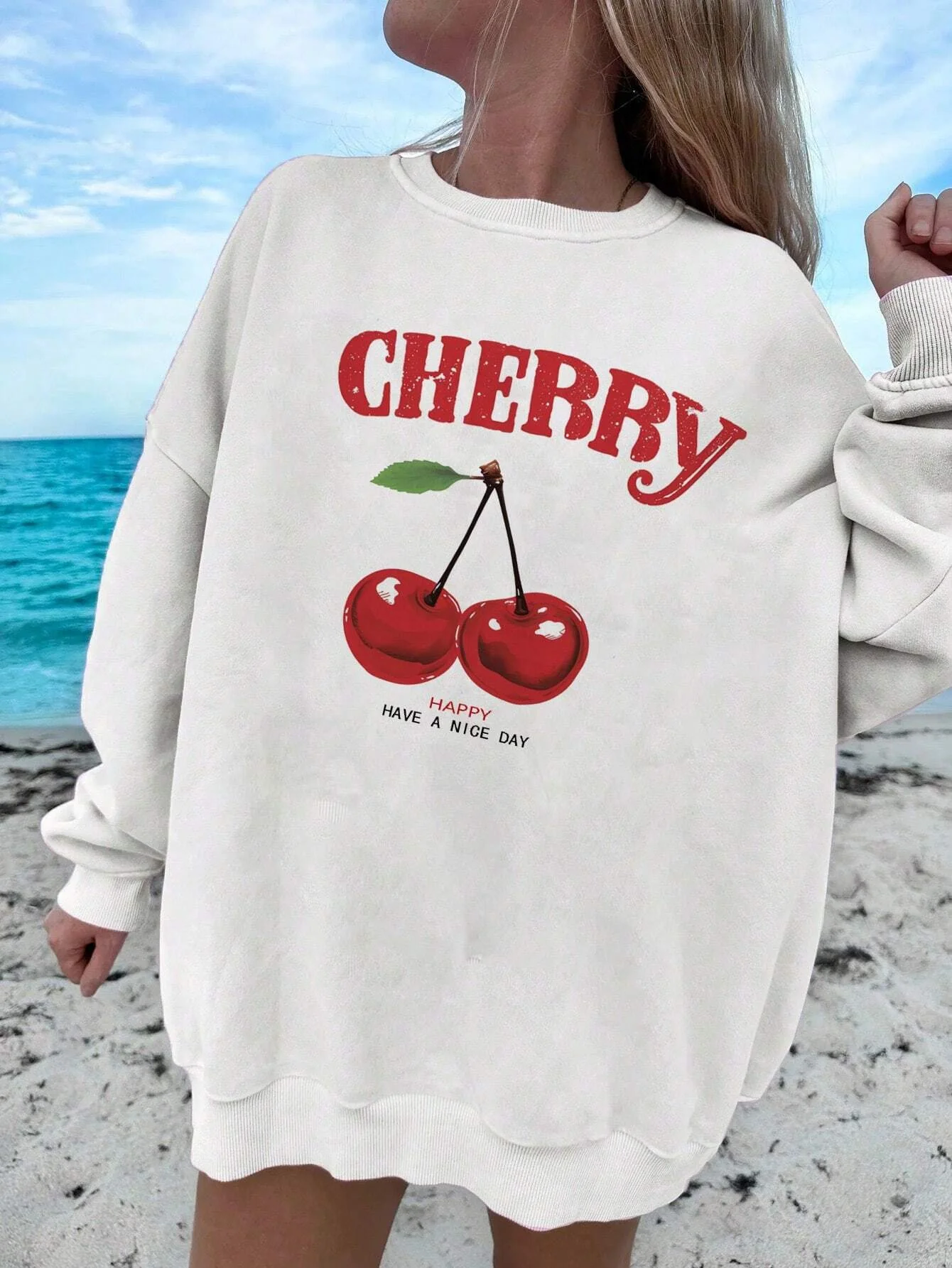 Women\'s Autumn and Winter Cherry Letter Print Korean Style Versatile Fashion Sweater Hoodie