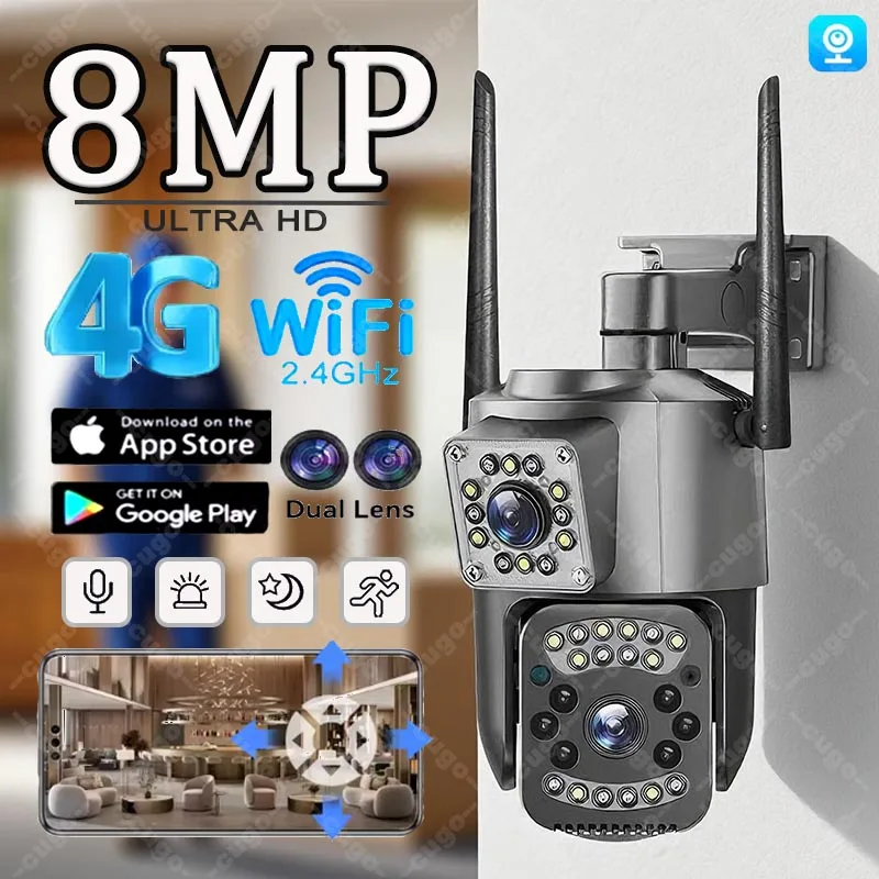 كاميرا 4K 8MP WIFI IP HD PTZ 4G SIM عدسة مزدوجة فيديو كامارا 8X تكبير الإنسان Trackin IP66 مقاوم للماء V380 Pro CCTV لاسلكي خارجي