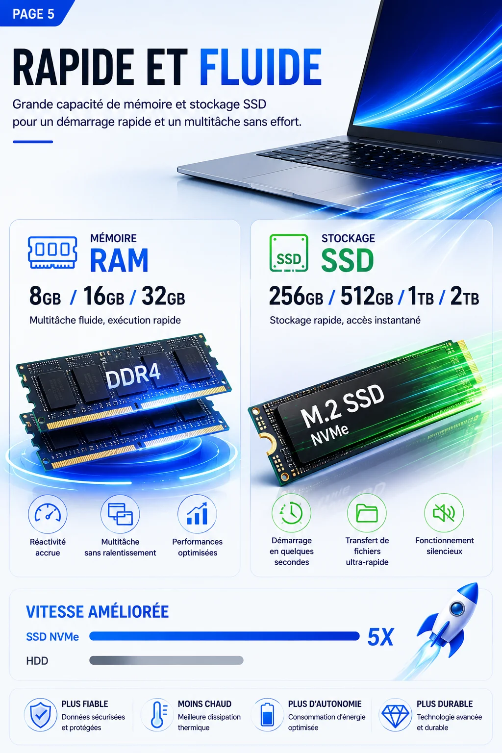 15.6-inch Full HD IPS Laptop with Intel Core i3, Windows 11 Pro, 16 GB RAM, 512 GB SSD, Wi‑Fi 5, Bluetooth 5.0, French keyboard, keyboard protective film, fingerprint reader, lightweight laptop for students, work, and desk use, 1920x1080 display