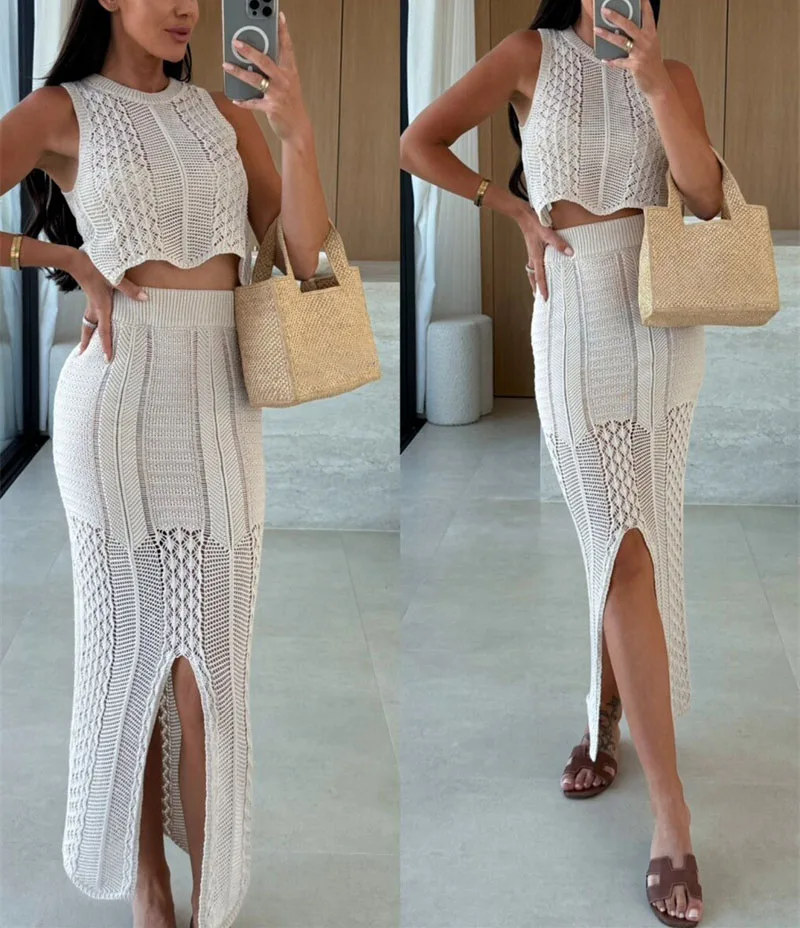 2 PCS High Slit Long Knit Dress Beach Crochet Swimsuit Sexy Sleeveless Crop Top and Skirts Bikini Cover-up Women Summer Swimwear