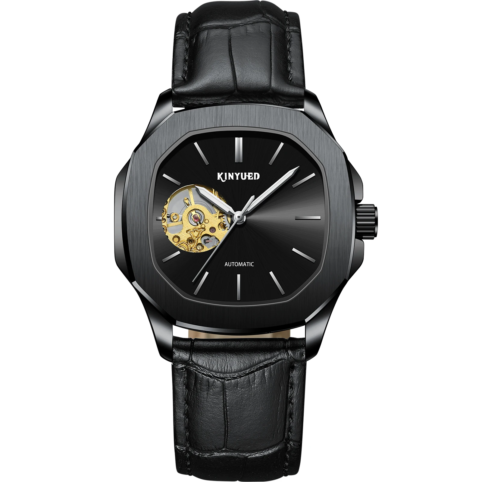 عالية الجودة Sunray الهيكل العظمي مضيئة الطلب جلدية باند ساحة الرجال التلقائي ساعة ميكانيكية