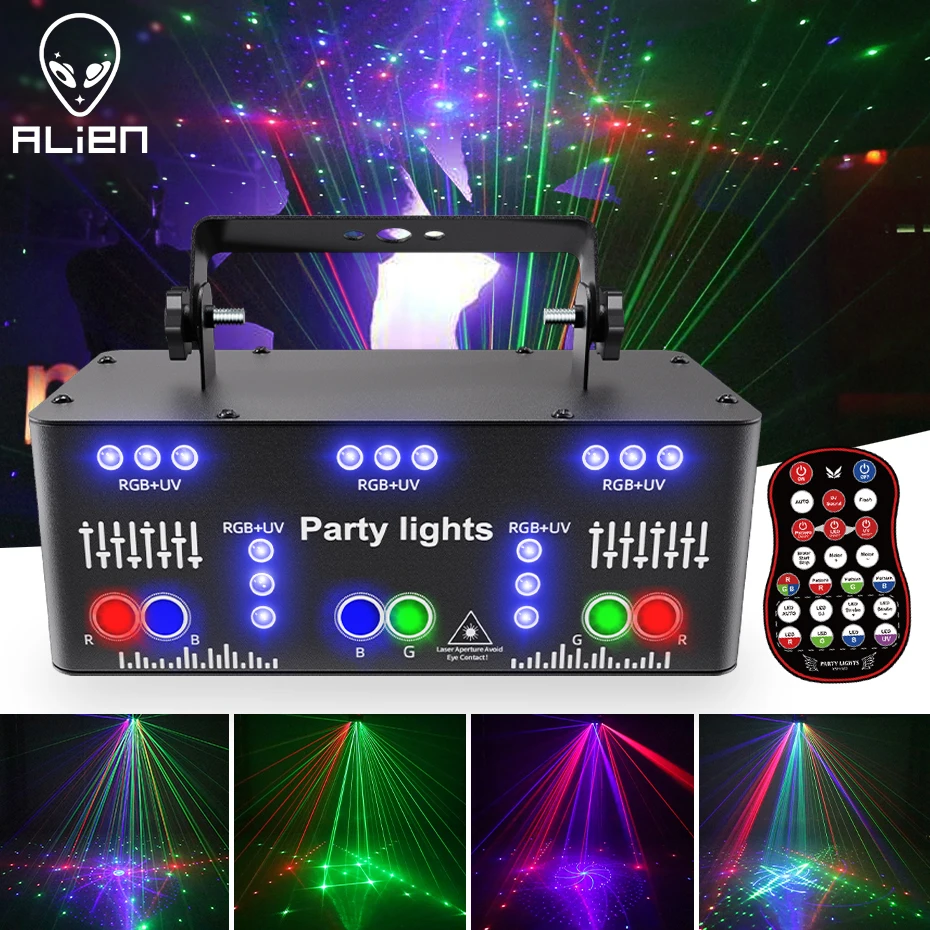 ALIEN 21-otworowa impreza RGB DJ Disco Beam Patterns Stage Laser Light Projector RGB UV LED Strobe Sound Party Holiday Wedding Lamp