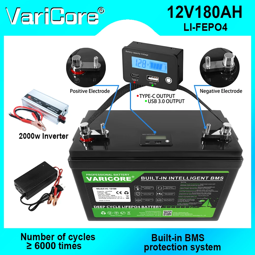 VariCore 12,8V 180AH LCD LiFePO4 Batteriepack 4S mit eingebautem BMS Lithium-Eisenphosphat für E-Scooter, Elektrowerkzeuge, Gartenwerkzeuge, Elektrofahrzeuge, Wohnmobile, Marineboote,