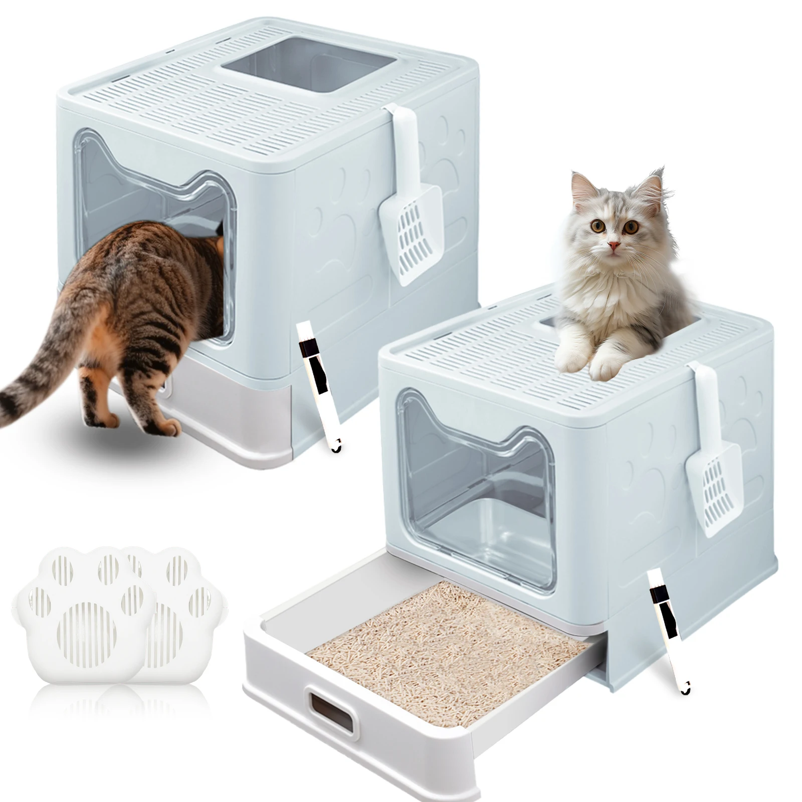 Katzenklo mit Deckel, ausziehbares hochwertiges Tablett und Katzenklo Schaufel, hop in Katzenklo XXL Katzentoilette geschlossen geräumig katzenklo groß für Katzen bis 15 kg, Leichtere Reinigung