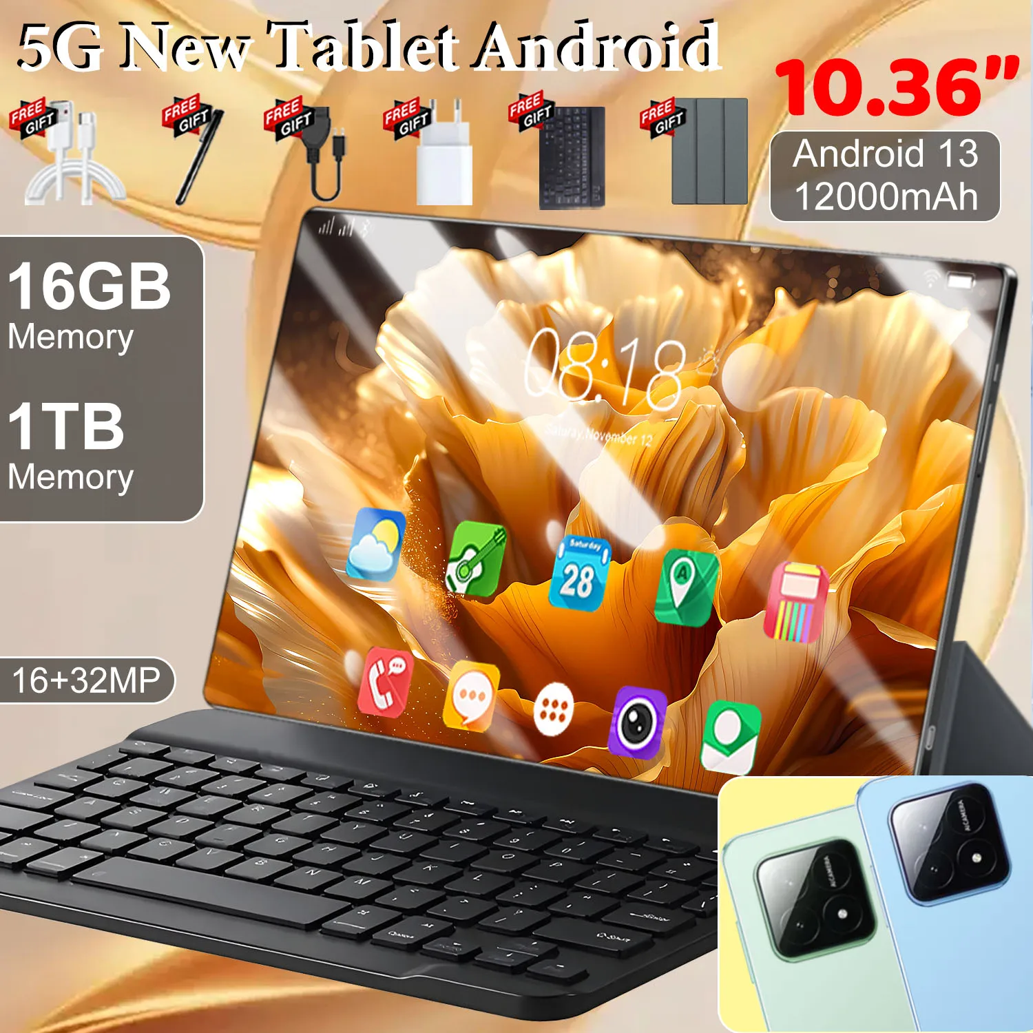 Tablette Android 10.36 pouces, écran IPS HD, 16 Go de RAM, 1 To de ROM, Android 13, 10 cœurs, 12000 mAh, tablette de jeu, double caméra 16MP+32MP, réseau WiFi 5G, tablette PC pour l'étude et le divertissement