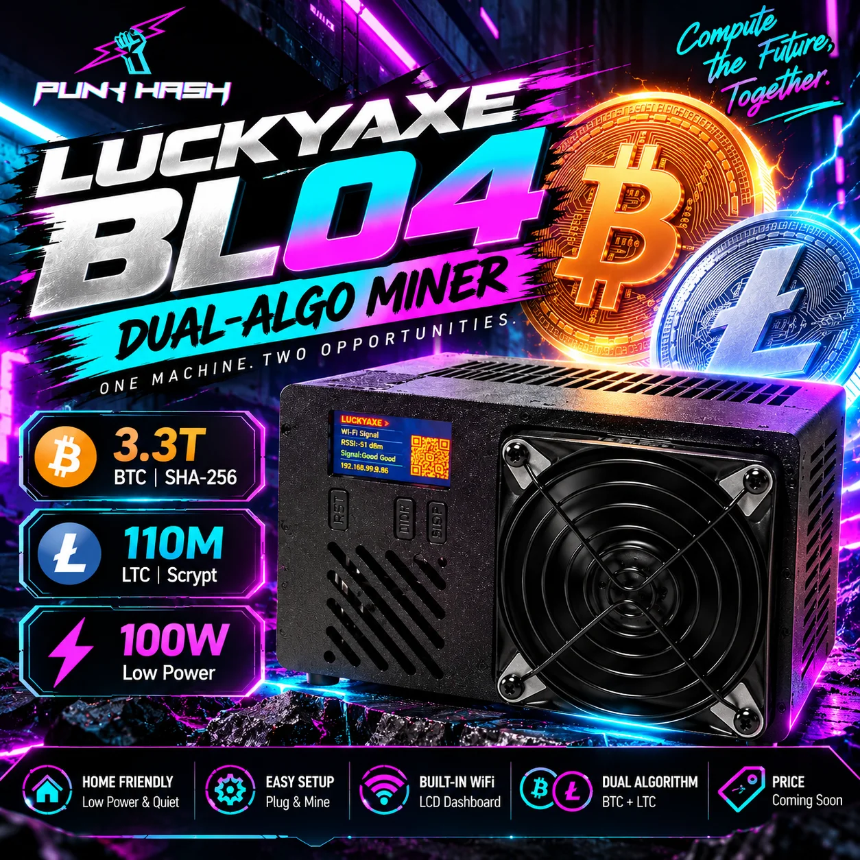 PunHash LuckyAxe BL04 Dual Algorithm Solo Miner BTC 3.3TH/s LTC 110MH/s 100W Low Power SHA256 Scrypt Bitcoin Litecoin Mining