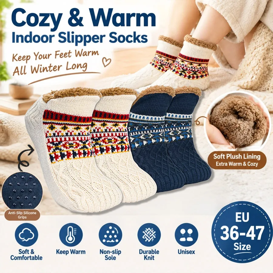 Unisex Soft Plush Fleece Home Slipper Socks, Non-Slip Thermal Knit Socks EU36-47, Beige Navy Winter Warm Gift for Family Parents