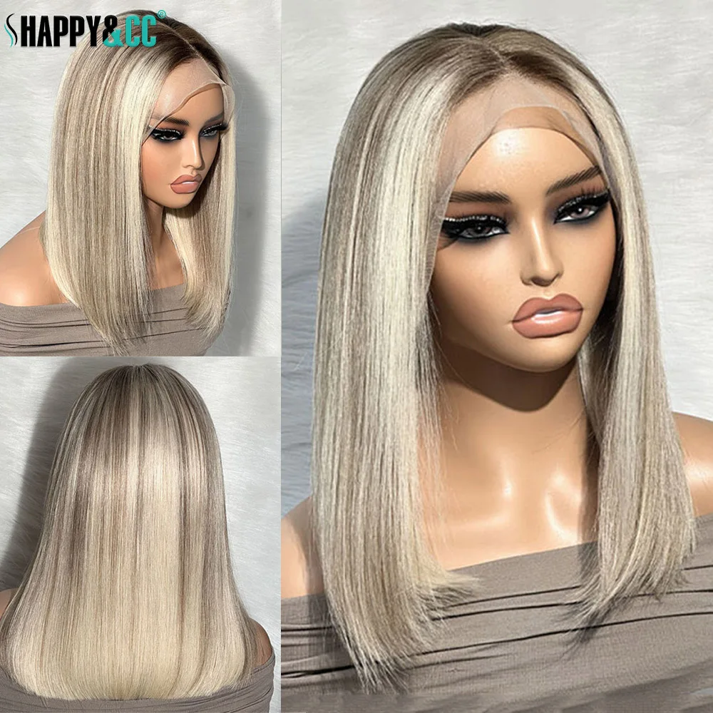 Highlight Blonde Synthetic Wig 12 Inch Ombre Short Lace Front Bob Wigs Straight Dark Roots Glueless Wig for Women Daily Party