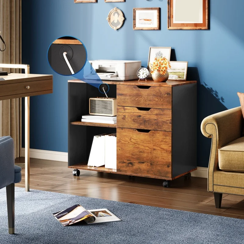 

GALAXHERO деревянный мобильный боковой шкаф для документов с 3 ящиками и открытыми полками для хранения, подставка для принтера для домашнего офиса