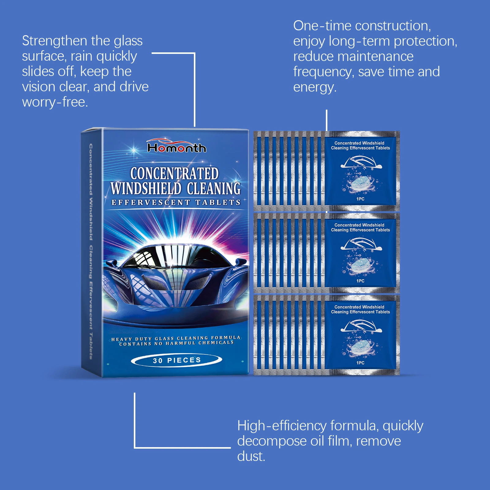 Homonth تنظيف الزجاج الأمامي مناديل مبللة إزالة الأوساخ إزالة الترسبات تحسين الشفافية مقاوم للماء مكافحة الحشف منظف الزجاج الأمامي