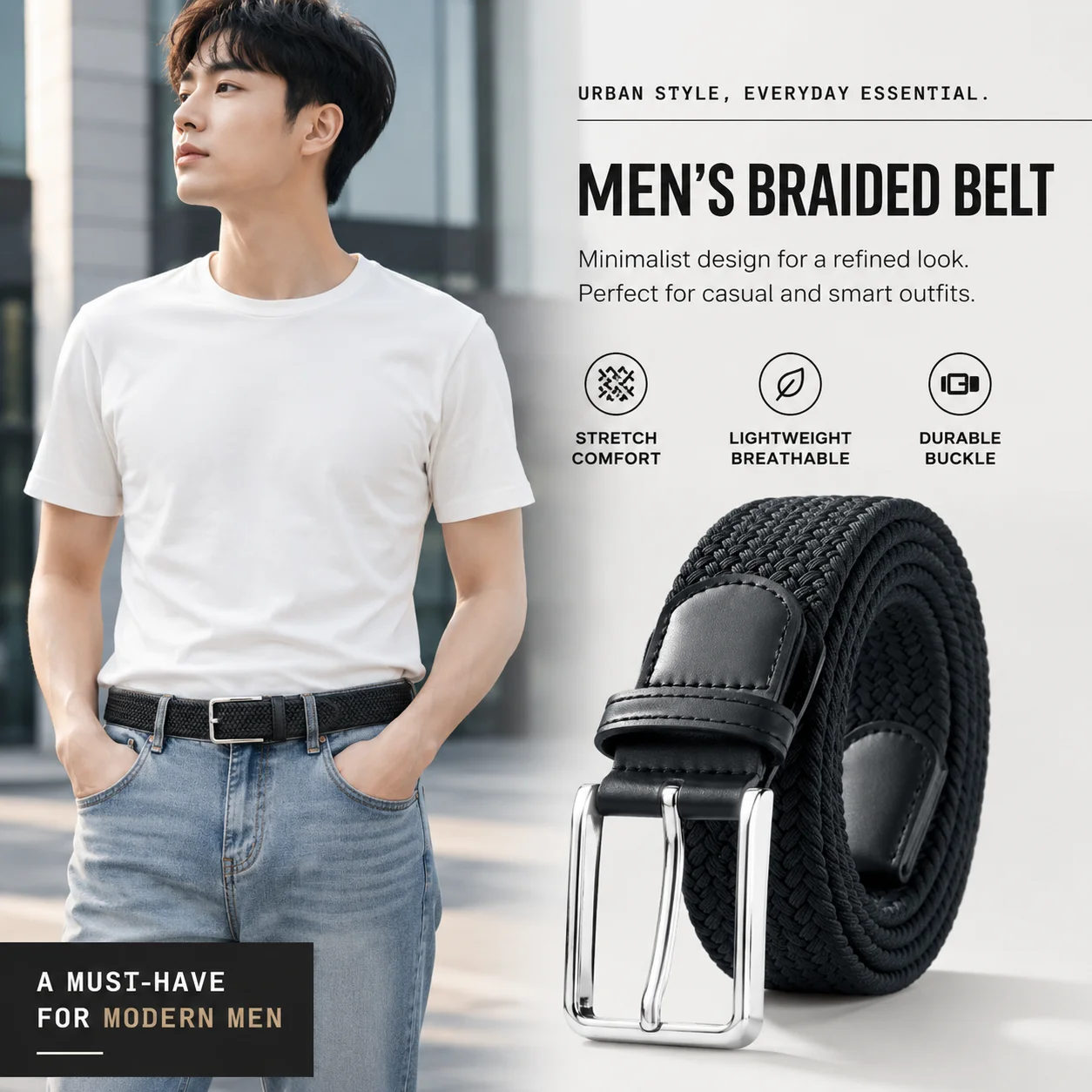 Fashion Unisex Stretch Woven Belt with Alloy Auto Buckle Elastic Braided Belt for Outdoor Daily Wear