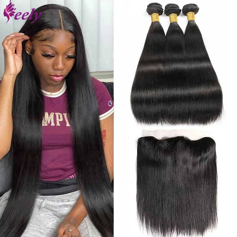 Brazilian Straight Hair 3 Bundles With Frontal Closure With Bundles Unprocessed Virgin Human Hair Bundles With Frontal Hair  #1B