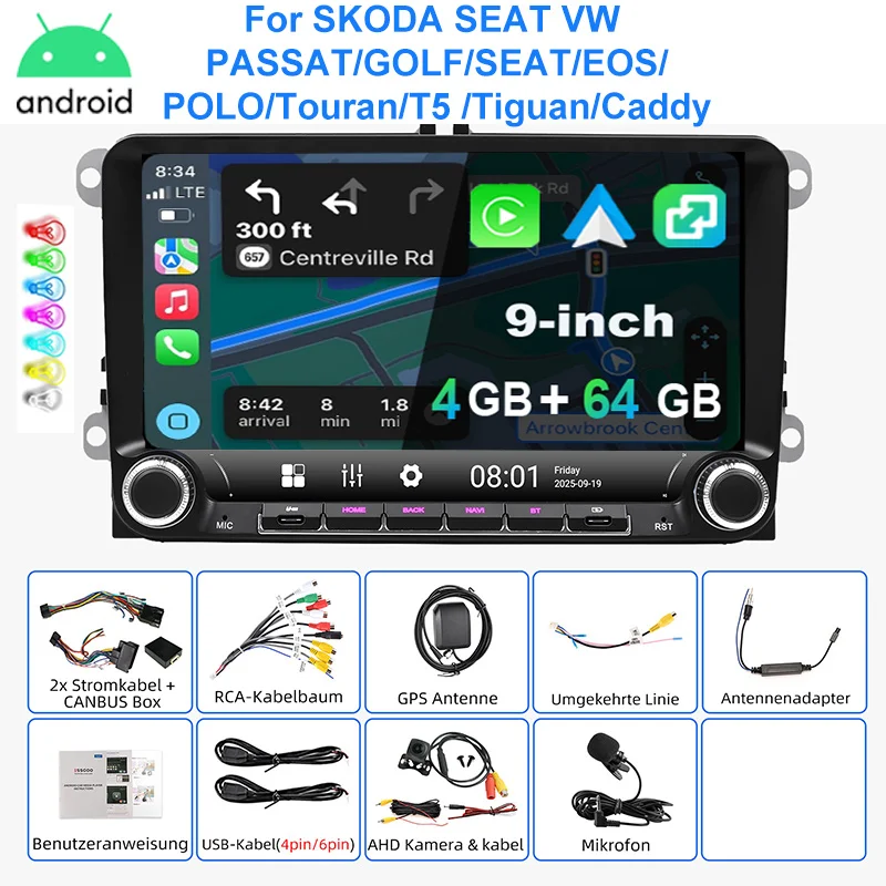 ESSGOO Autoradio Android15 9" 4+64 GB voor VW Golf 5 6 Plus Touran Caddy Jetta Passat Polo GPS Navigatie Bluetooth RDS FM WiFi Draadloze CarPlay Android Auto 2+32 GB Stuurwielbediening Aanraakscherm