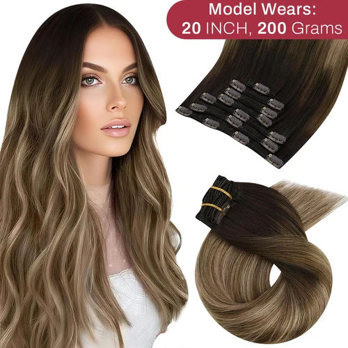 Imagen 1 del producto [Venta caliente] extensiones de cabello con Clip Moresoo, cabello Natural Real, conjunto recto Remy, 5 y 7 Uds., extensiones de cabello humano con Clip brasileño