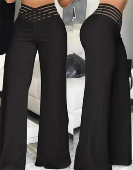 Elegant Office Formal Pants 2 High Waist Solid Color Wide Leg Pants Summer Chic Loose Elegant Metal Flared Pant Office Ladies Straight Holiday Women Trousers 2
